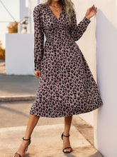 Load image into Gallery viewer, Perfee Leopard Surplice Long Sleeve Midi Dress