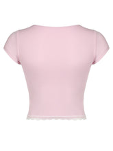 Load image into Gallery viewer, Lace Detail Sweetheart Neck Short Sleeve T-Shirt