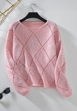Load image into Gallery viewer, Openwork Sequin Round Neck Long Sleeve Sweater