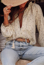 Load image into Gallery viewer, Frill Lace Detail Printed Tie Neck Long Sleeve Blouse