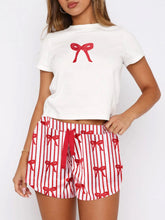 Load image into Gallery viewer, Printed Round Neck Short Sleeve Top and Drawstring Shorts Set