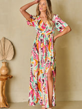 Load image into Gallery viewer, Slit Printed Surplice Short Sleeve Maxi Dress