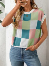 Load image into Gallery viewer, Mandy Checkered Round Neck Cap Sleeve Knit Top