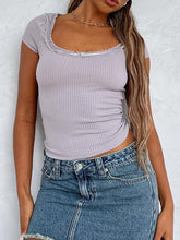 Load image into Gallery viewer, Lace Detail Scoop Neck Short Sleeve T-Shirt