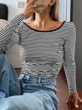 Load image into Gallery viewer, Devine Backless Striped Boat Neck Long Sleeve T-Shirt