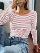 Load image into Gallery viewer, Devine Backless Striped Boat Neck Long Sleeve T-Shirt