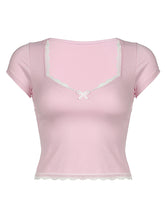 Load image into Gallery viewer, Lace Detail Sweetheart Neck Short Sleeve T-Shirt
