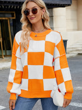 Load image into Gallery viewer, Checkered Round Neck Long Sleeve Sweater