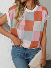 Load image into Gallery viewer, Mandy Checkered Round Neck Cap Sleeve Knit Top