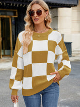 Load image into Gallery viewer, Checkered Round Neck Long Sleeve Sweater