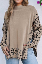 Load image into Gallery viewer, Slit Leopard Mock Neck Dropped Shoulder Sweater