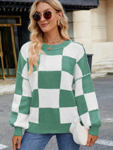 Load image into Gallery viewer, Checkered Round Neck Long Sleeve Sweater