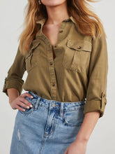 Load image into Gallery viewer, Collared Neck Roll-Tab Sleeve Denim Top