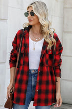 Load image into Gallery viewer, Drawstring Plaid Long Sleeve Hooded Shacket