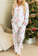 Load image into Gallery viewer, Christmas Printed Collared Neck Top and Pants Lounge Set