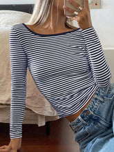 Load image into Gallery viewer, Devine Backless Striped Boat Neck Long Sleeve T-Shirt