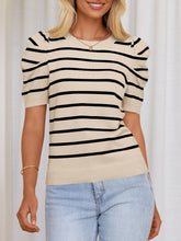 Load image into Gallery viewer, Striped Round Neck Puff Sleeve Knit Top