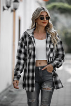 Load image into Gallery viewer, Drawstring Plaid Long Sleeve Hooded Shacket