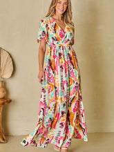 Load image into Gallery viewer, Slit Printed Surplice Short Sleeve Maxi Dress