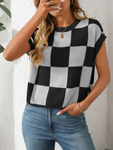 Load image into Gallery viewer, Mandy Checkered Round Neck Cap Sleeve Knit Top