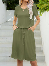 Load image into Gallery viewer, Round Neck Short Sleeve Slit Dress with Pockets