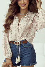 Load image into Gallery viewer, Frill Lace Detail Printed Tie Neck Long Sleeve Blouse