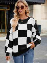 Load image into Gallery viewer, Checkered Round Neck Long Sleeve Sweater