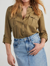 Load image into Gallery viewer, Collared Neck Roll-Tab Sleeve Denim Top