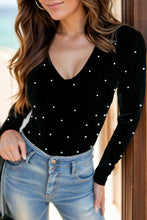 Load image into Gallery viewer, Pearl Detail V-Neck Long Sleeve Bodysuit