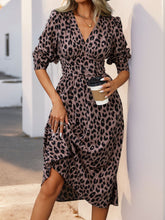 Load image into Gallery viewer, Perfee Leopard Surplice Long Sleeve Midi Dress
