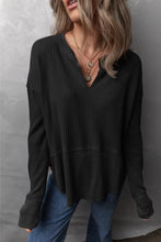 Load image into Gallery viewer, Waffle-Knit Exposed Seam Notched Long Sleeve Top