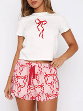 Load image into Gallery viewer, Printed Round Neck Short Sleeve Top and Drawstring Shorts Set