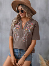 Load image into Gallery viewer, Embroidered Notched Short Sleeve T-Shirt
