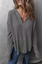Load image into Gallery viewer, Waffle-Knit Exposed Seam Notched Long Sleeve Top