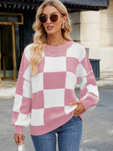 Load image into Gallery viewer, Checkered Round Neck Long Sleeve Sweater