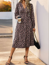 Load image into Gallery viewer, Perfee Leopard Surplice Long Sleeve Midi Dress