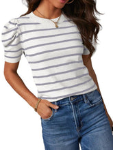 Load image into Gallery viewer, Striped Round Neck Puff Sleeve Knit Top