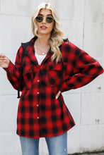 Load image into Gallery viewer, Drawstring Plaid Long Sleeve Hooded Shacket