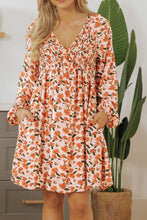 Load image into Gallery viewer, Smocked Printed V-Neck Long Sleeve Dress