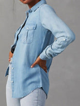 Load image into Gallery viewer, Collared Neck Roll-Tab Sleeve Denim Top