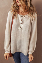 Load image into Gallery viewer, Waffle-Knit Half Button Round Neck Long Sleeve Top