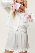 Load image into Gallery viewer, Basic Bae Tied Cuff Collared Neck Top and Frill Shorts Lounge Set