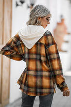 Load image into Gallery viewer, Drawstring Plaid Long Sleeve Hooded Shacket