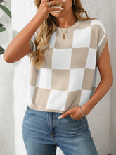 Load image into Gallery viewer, Mandy Checkered Round Neck Cap Sleeve Knit Top