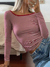 Load image into Gallery viewer, Devine Backless Striped Boat Neck Long Sleeve T-Shirt