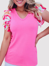 Load image into Gallery viewer, Ruffled Printed V-Neck Short Sleeve Blouse