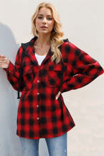 Load image into Gallery viewer, Drawstring Plaid Long Sleeve Hooded Shacket