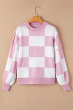 Load image into Gallery viewer, Checkered Exposed Seam Drooped Shoulder Sweater