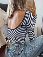 Load image into Gallery viewer, Devine Backless Striped Boat Neck Long Sleeve T-Shirt