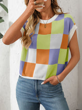 Load image into Gallery viewer, Mandy Checkered Round Neck Cap Sleeve Knit Top